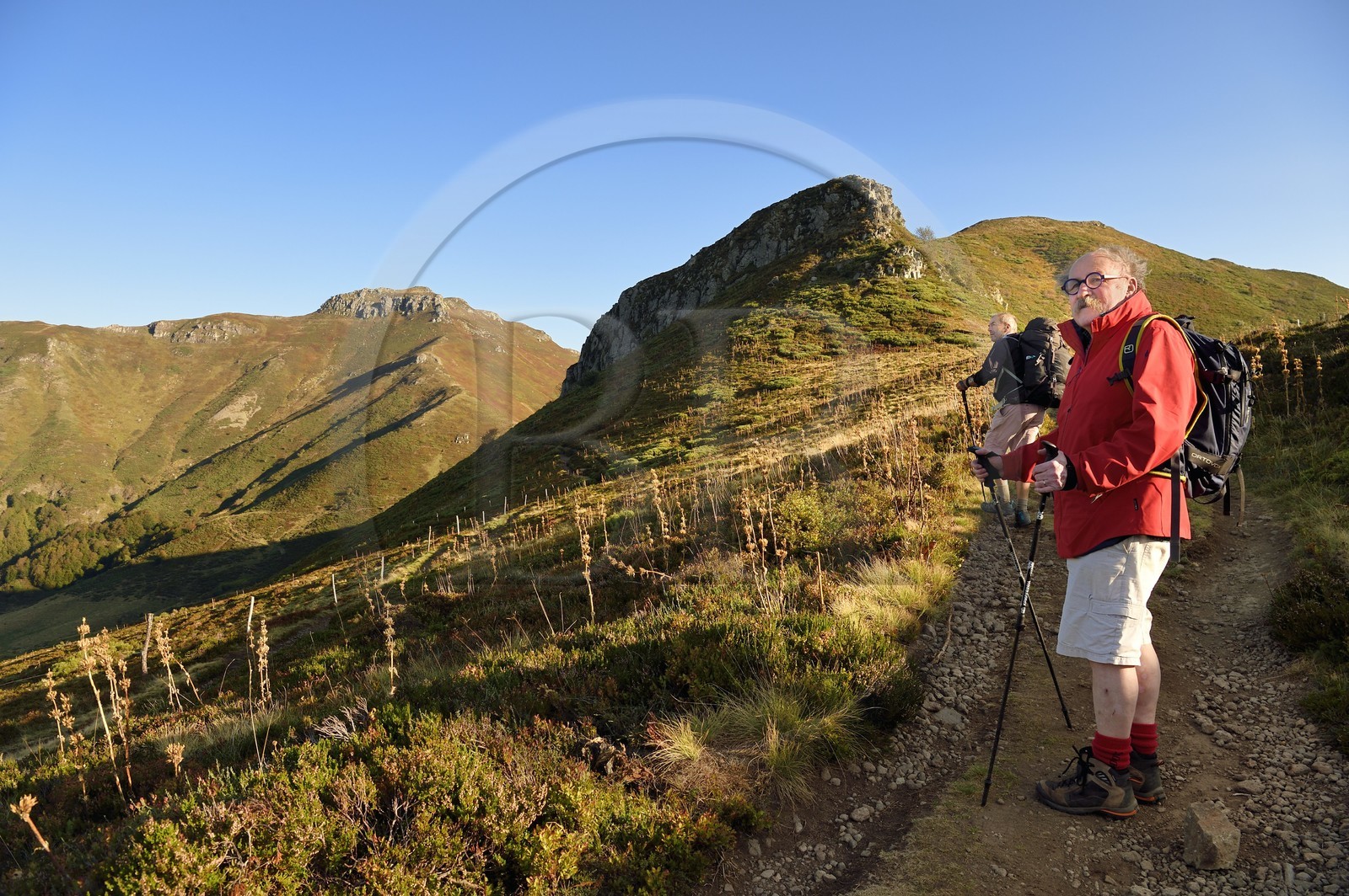 France, Cantal (15), Parc Naturel Régional des Volcans d'Auvergne, Le Lioran, col de Rombière, Bernard Quinsat qui a imaginé dans les années 2000 la Via Arverna sur le chemin de Saint-Jacques de Compostelle et fondateur de la maison d’édition de guides Chamina, le col de Cabre et le Puy Bataillouse en arrière plan