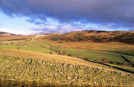 United Kingdom, Scotland, the Borders, stone wall in the hills