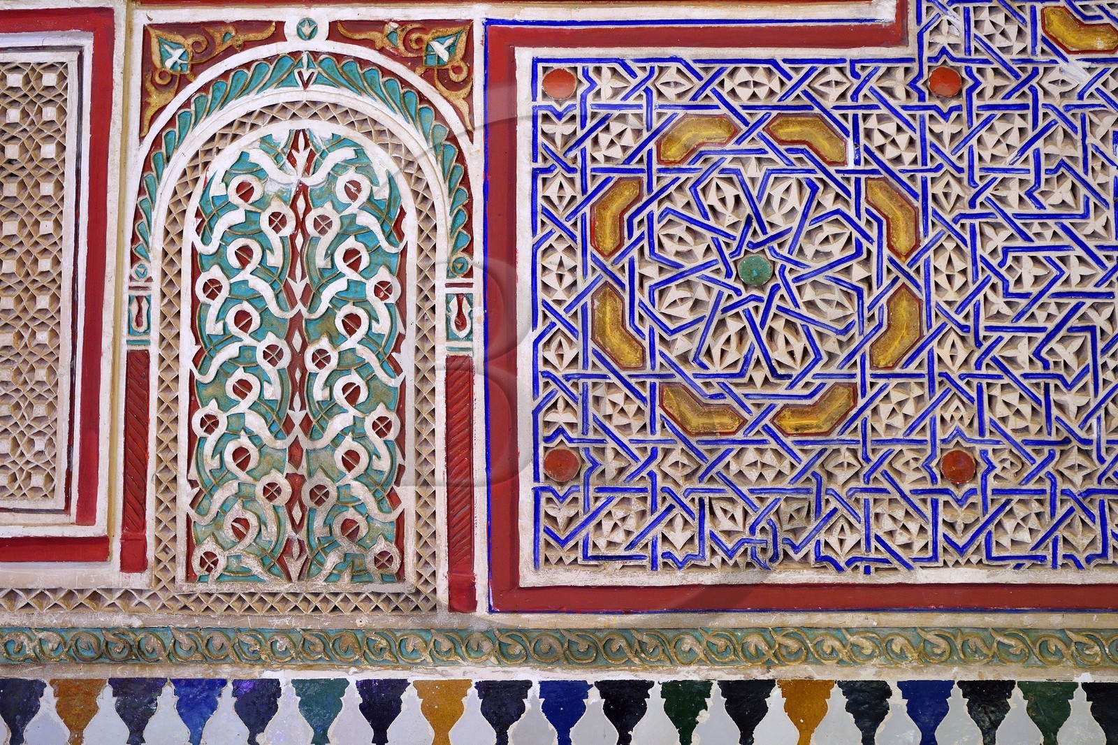 Morocco, High Atlas, Marrakech, Imperial city, Medina listed as World Heritage by UNESCO, Bahia Palace, carved stucco and zellige