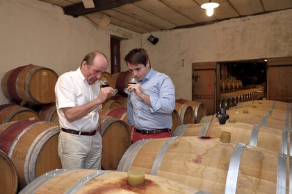 France, Dordogne (24), Creysse vers Bergerac, vignoble de Pécharmant, caves du chateau de Tiregand, Francois-Xavier de Saint-Exupéry proprétaire et viticulteur dans son chai