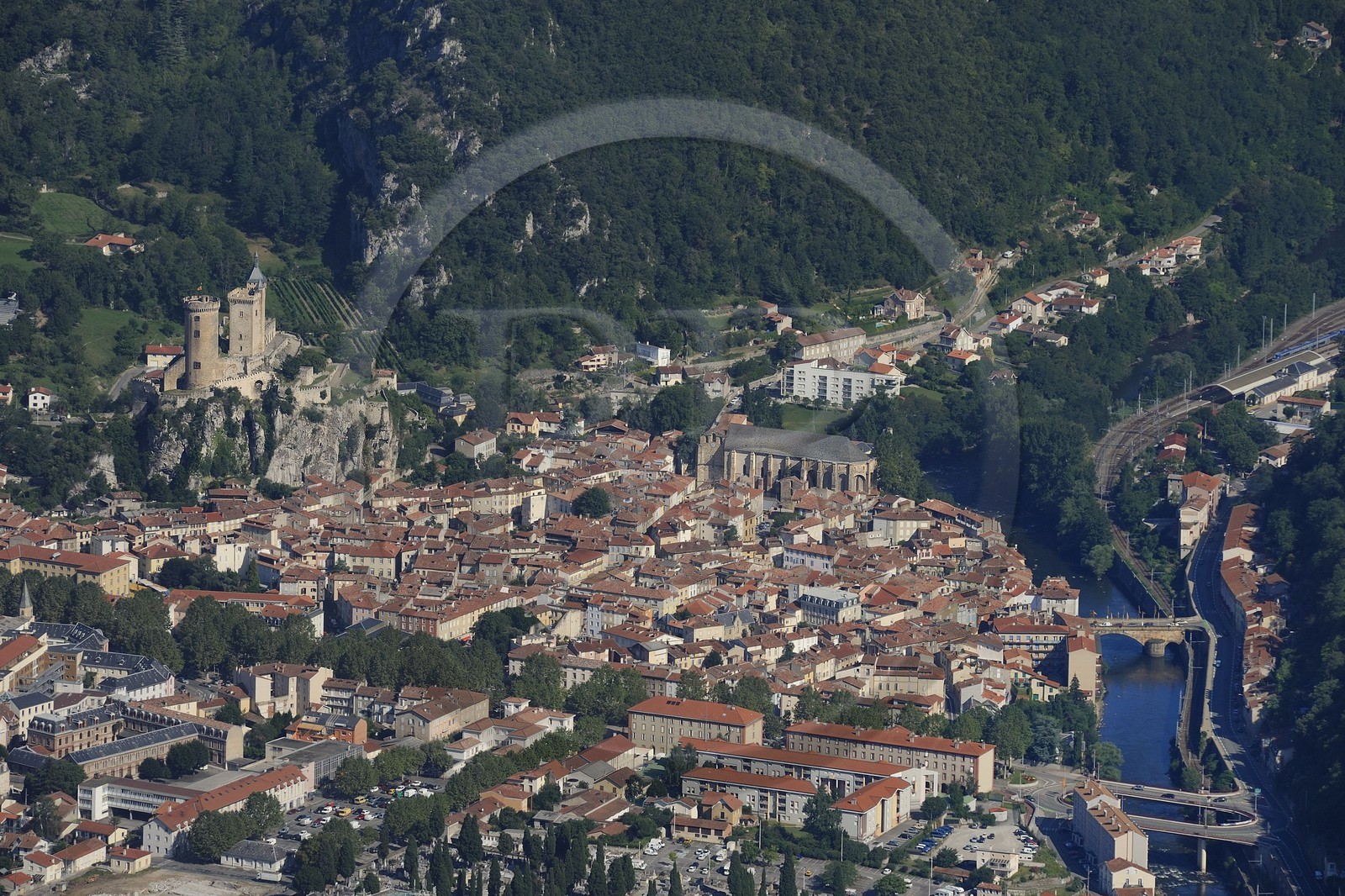 France, Ariege, Foix, 10th-15th centuries castle (aerial view)