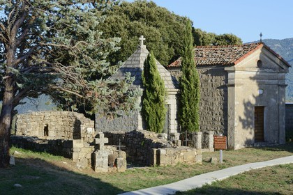 France, Corse du Sud, Alta Rocca, remains of the church of Santa Maria Assunta in the small cemetery of Mela