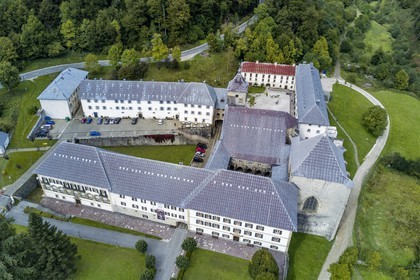 Spain, Basque Country, Navarra, Roncesvalles, stop on the Camino de Santiago (the Way of St. James), Royal Collegiate Church of Roncesvalles (aerial view)
