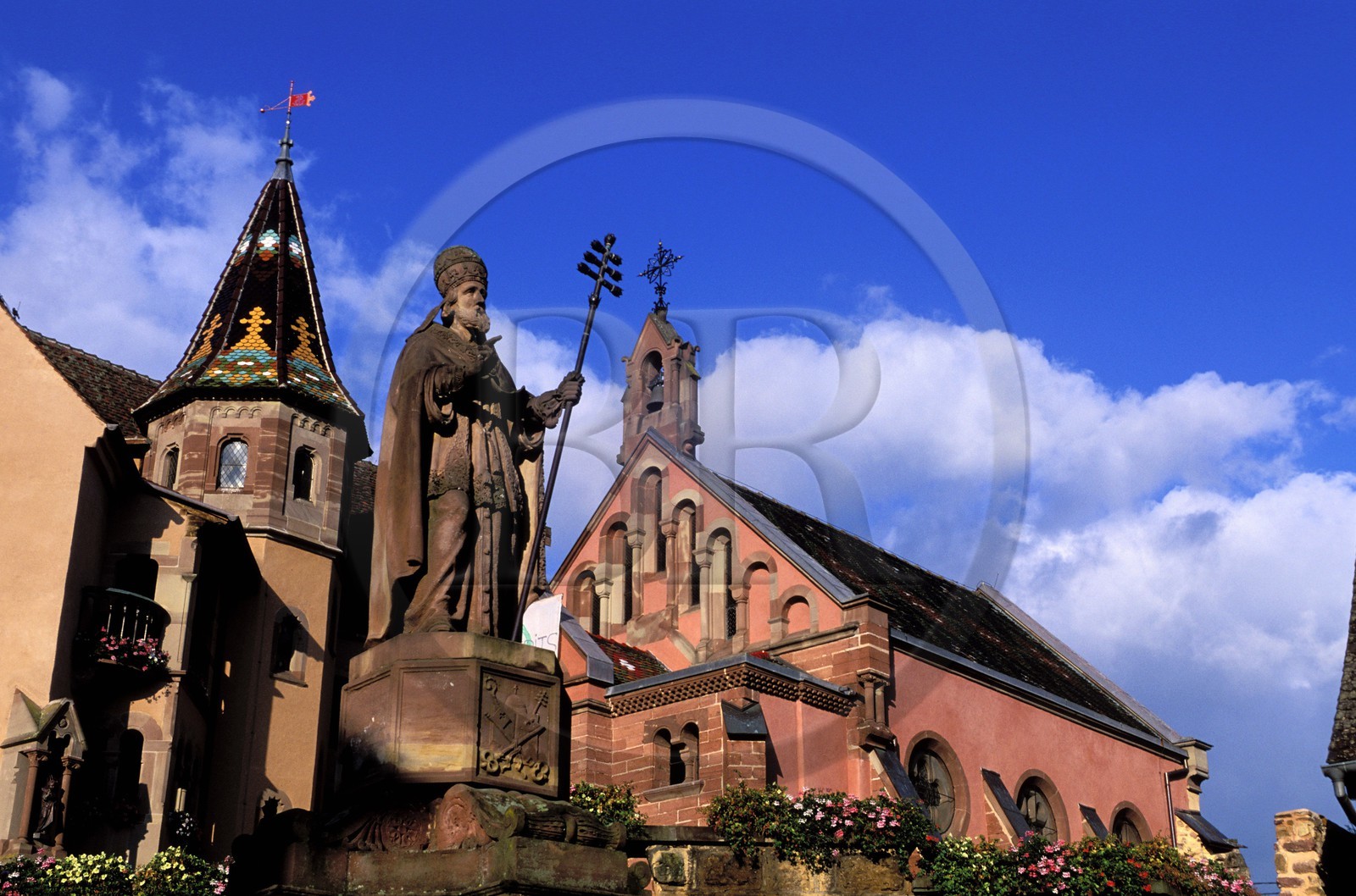 France, Haut Rhin, Eguisheim village, labelled Les Plus Beaux Villages de France (The Most Beautiful Villages of France), statue of the Pope Leon XI and the chapel on the main square