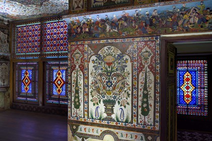 Azerbaijan, Shaki, Palace of Shaki Khans built in 1797 by Muhammed Hasan Khan, Khan's room, fresco depicting scenes of battles