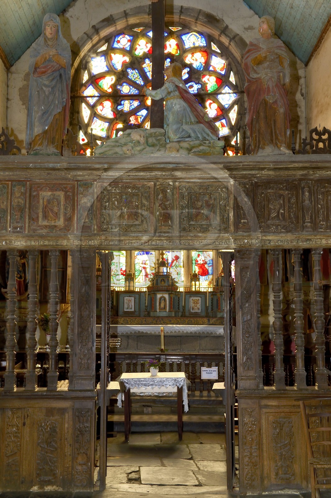 France, Finistere, Saint-Herbot, late Gothic Chapel of St. Herbot, the rood beam above the chancel (space around the altar in the sanctuary)