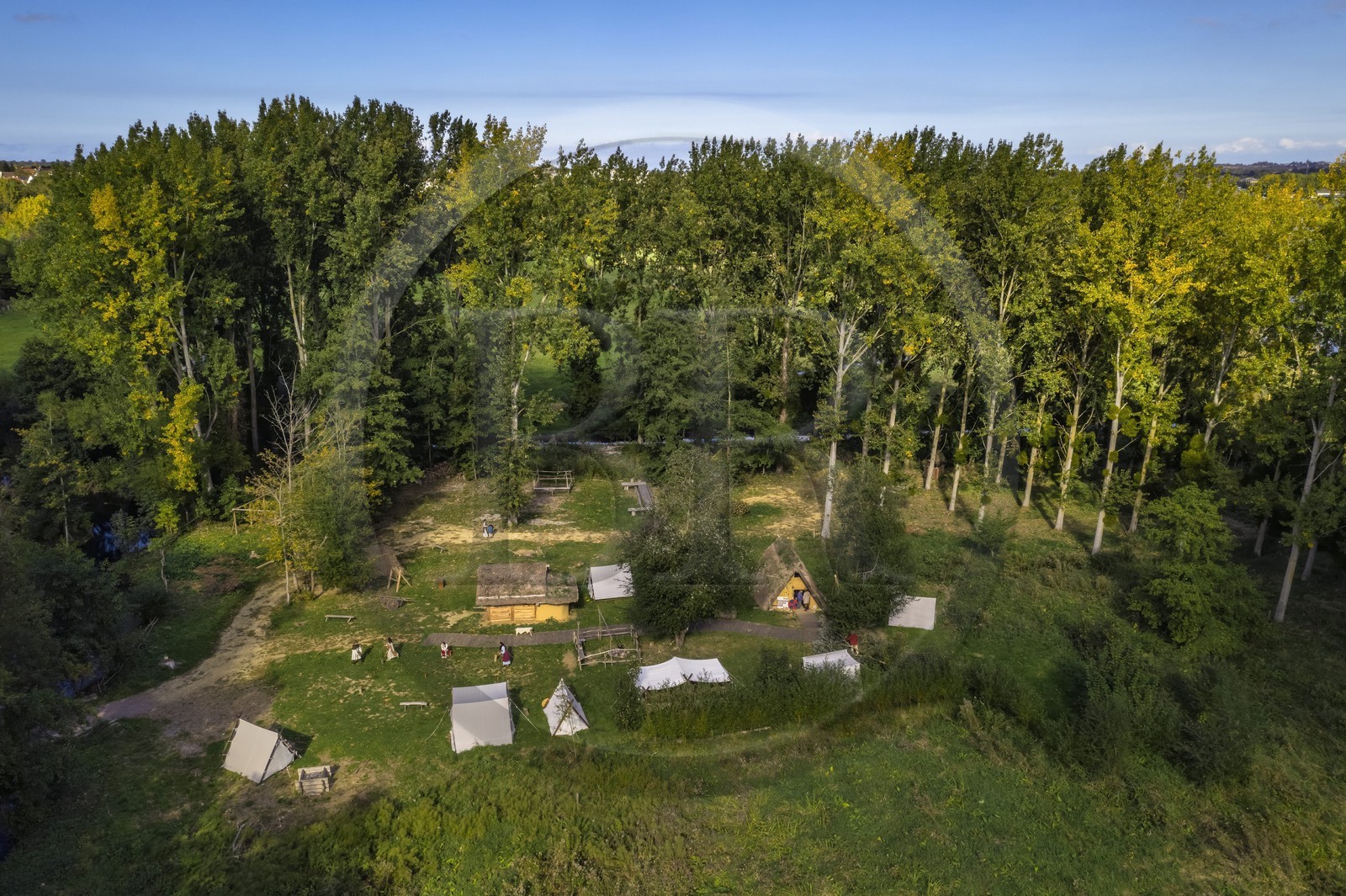 France, Calvados, Herouville Saint Clair, Domaine de Beauregard, Ornavik Historical Park, reconstitution of a Viking encampment of the year 1000, space composed of tents that the Vikings took with them on an expedition (aerial view)