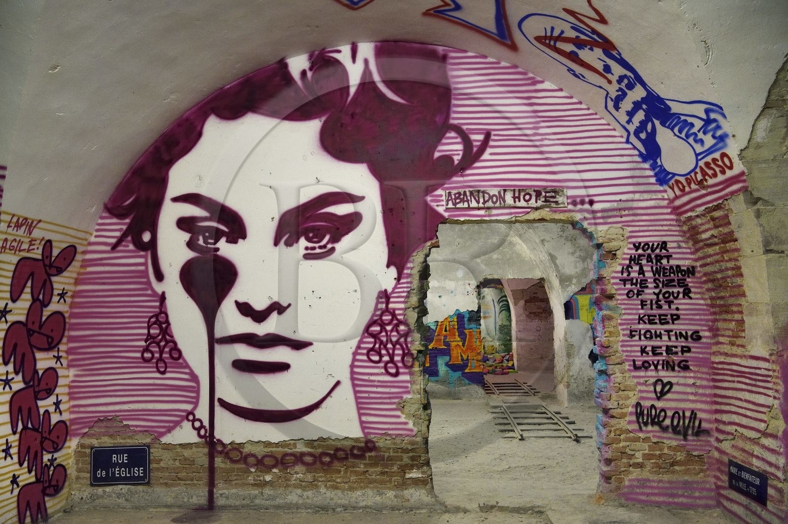 France, Haut-Rhin, Neuf Brisach, Museum of Urban Art and Street Art (MAUSA) housed in a former casemate of the Vauban citadel listed as World Heritage by UNESCO, mural of Charles Uzzel aka Pure Evil