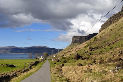 United Kingdom, Scotland, Highland, Inner Hebrides, Isle of Mull west coast, narrow coastal road towards Balnahard and Loch Na Keal