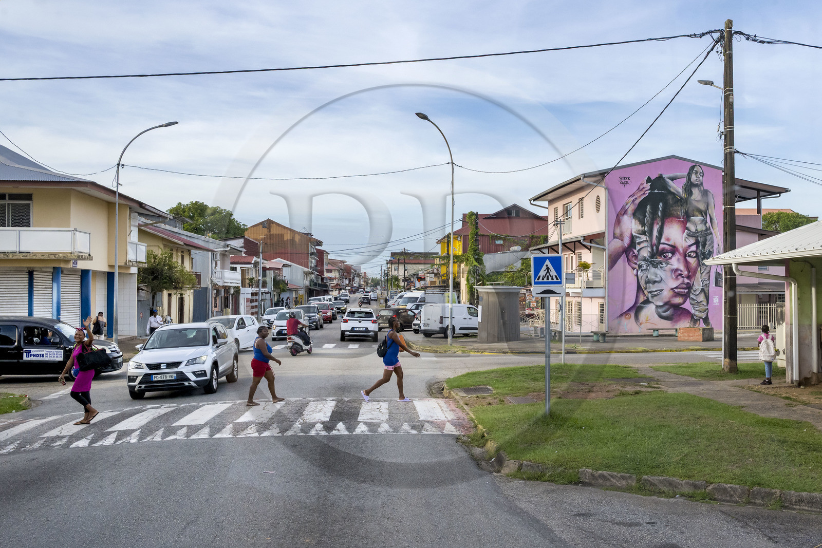 France, Guyane, Cayenne, peinture murale à l'angle de la rue Barthélémy et de l'avenue Ronjon de l'artiste de street art guadeloupéen Benoit Bottala alias Steek Oner