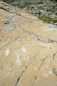 France, Alpes-Maritimes (06), parc national du Mercantour, Vallée des Merveilles parsemée de milliers de gravures rupestres de l'Age de bronze, dalle de schiste appelée la Roche de l’Autel gravée de figures corniformes, de poignards, d'incisions linéaires et même d'étoiles ce qui est rare