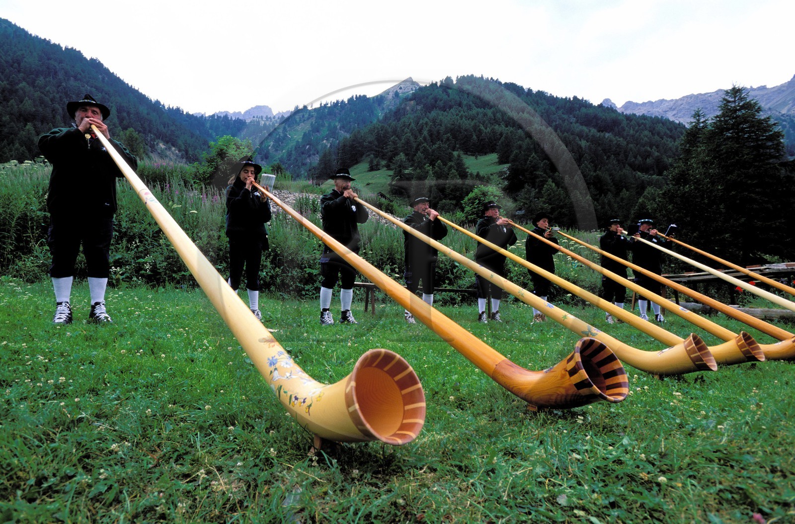 France, Hautes Alpes, Vallee Etroite (narrow valley) at the Franco Italian border, players of horns of the Alps of the formation the Briansonneurs
