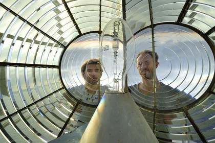 France, Var, Iles d'Hyeres, Parc National de Port Cros (National park of Port Cros), Porquerolles island, the Porquerolles Lighthouse, Bertrand Rieger left and Vincent Noyoux right