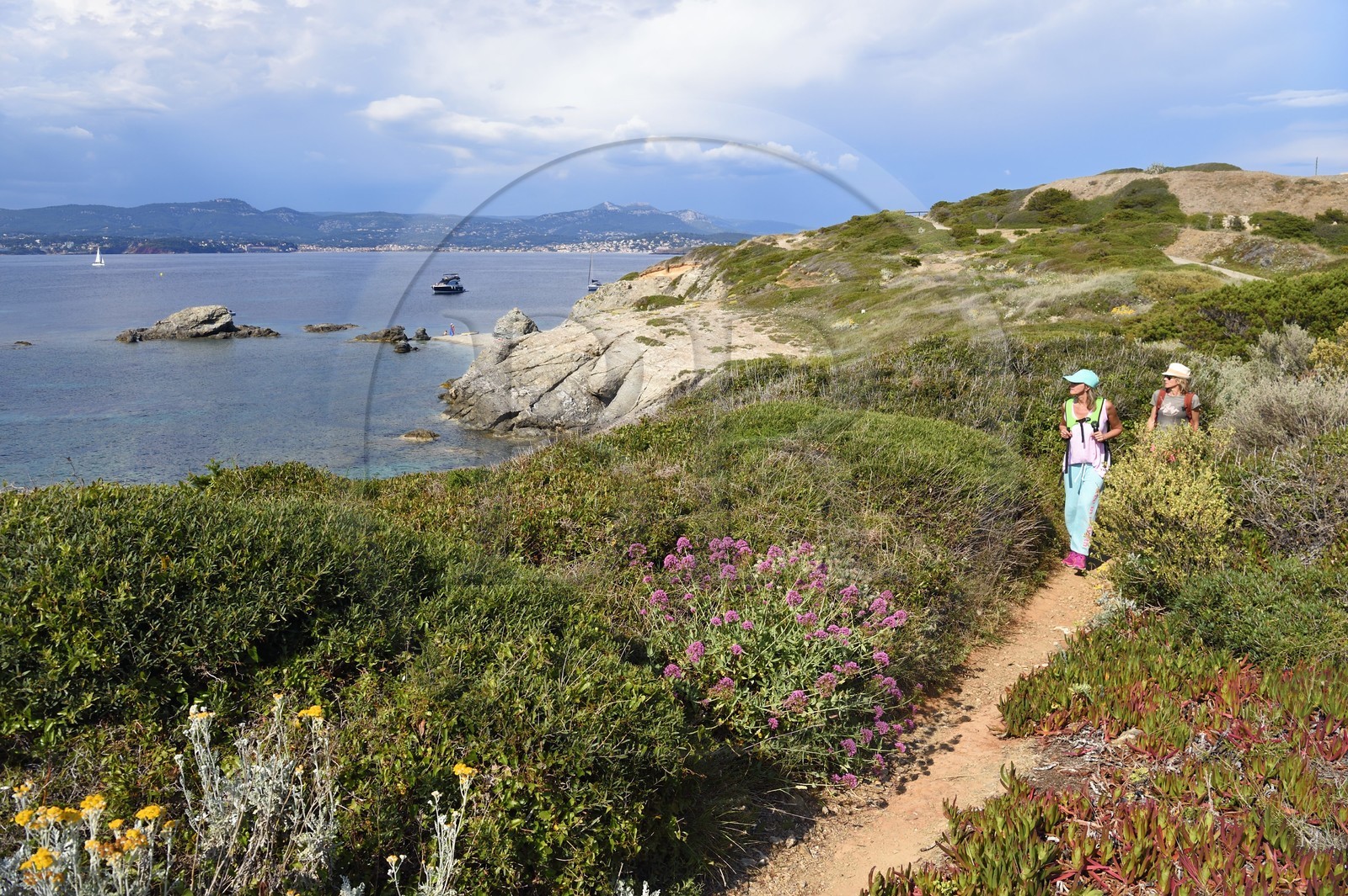 France, Var, Six Fours les Plages, Ile des Embiez, hikers at cape Saint Pierre