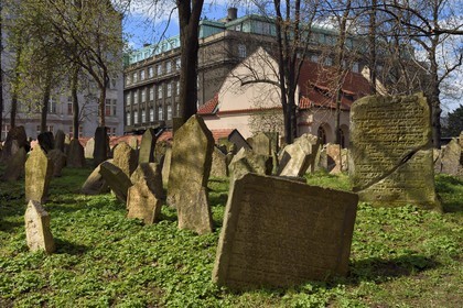 République Tchèque, Prague, centre historique classé Patrimoine Mondial de l'UNESCO, quartier juif de Josefov, cimetière juif et la synagogue Pinkas en arrière plan