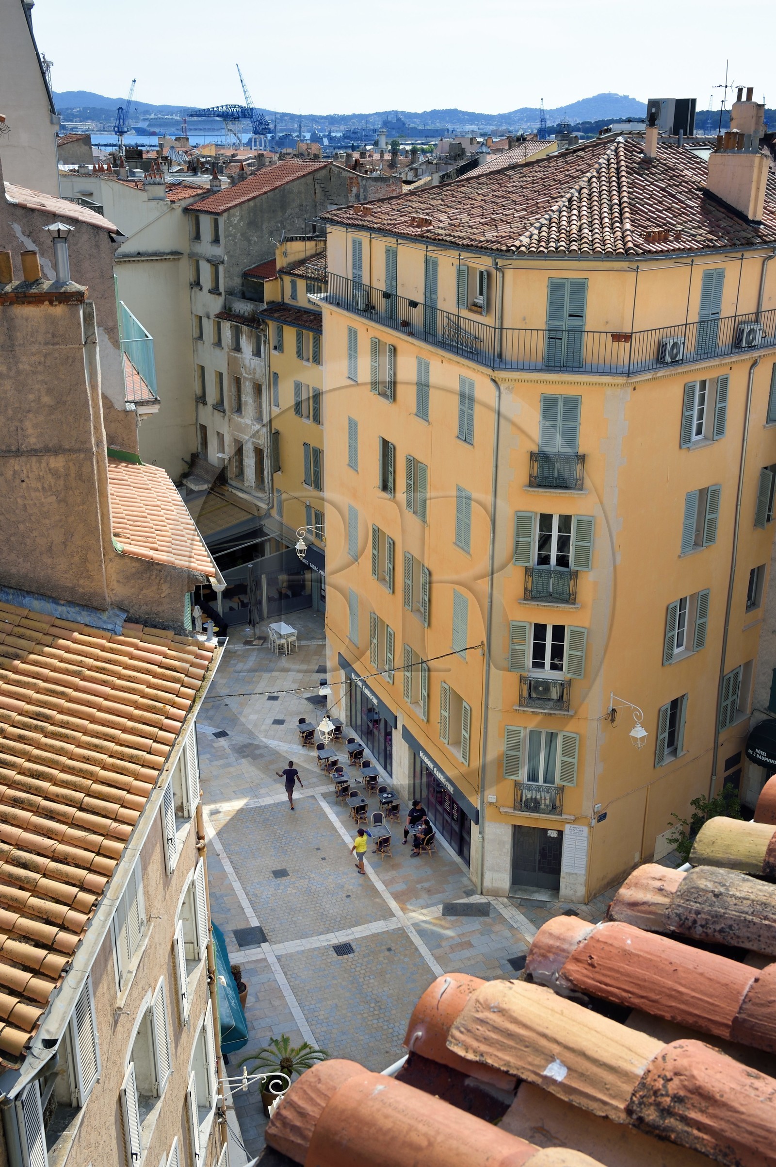 France, Var, Toulon, rue Berthelot in the old town and the port in the background