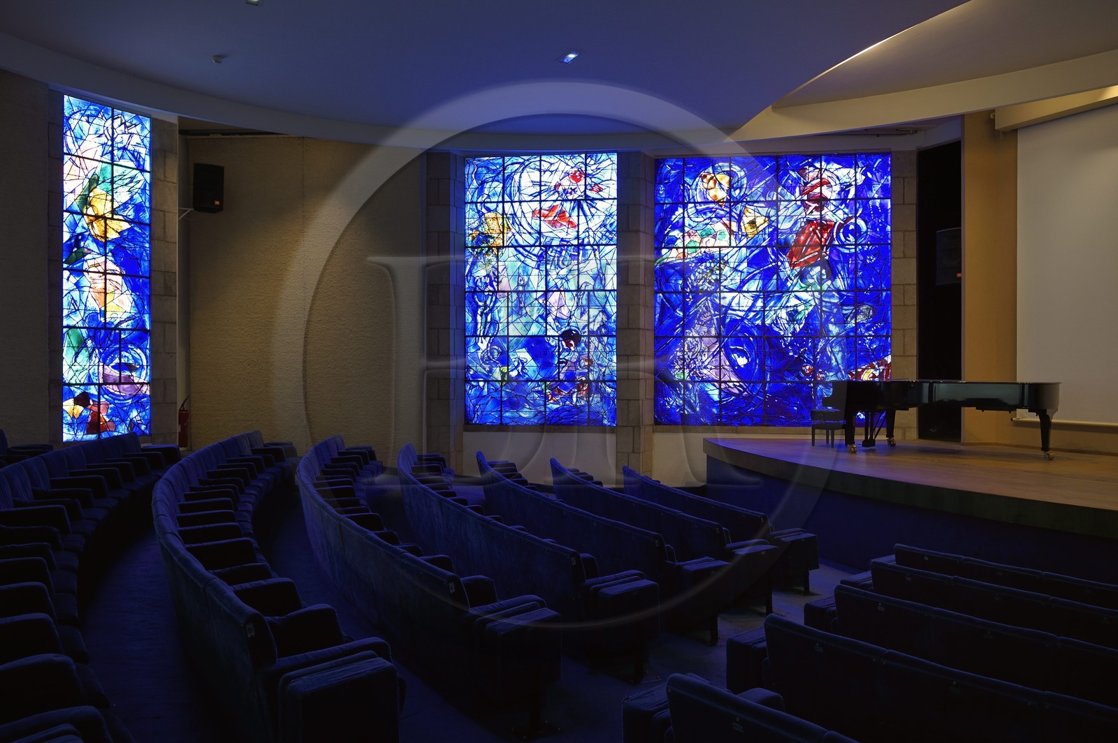 France, Alpes Maritimes, Nice, Musee National Marc Chagall by architect Andre Hermant and created at the initiative of Andre Malraux, the stained-glass windows of La Création du Monde (1971-1972) in the auditorium