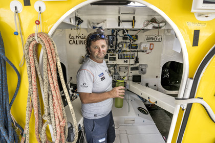 France, Vendee, Les Sables d'Olonne, Port Olona, Vendée Globe sailboat pontoon, le skipper Arnaud Boissière du voilier monocoque de 60 pieds IMOCA La Mie Caline
