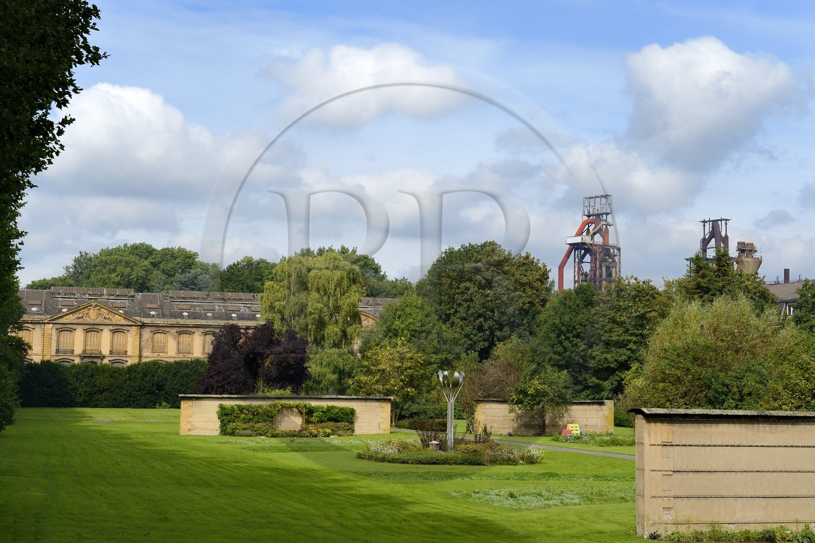 France, Moselle, Fensch Valley, Hayange, steel mill, the last Blast furnaces (known as of Florange) of ArcelorMittal, former major administrative offices Wendel on the left