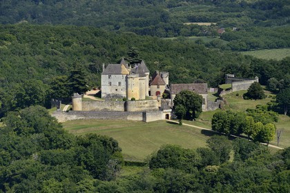 France, Dordogne (24), Périgord Noir, vallée de la Dordogne, Sainte-Mondane, le chateau de Fénelon (vue aérienne)