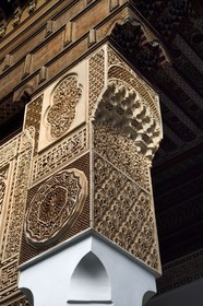 Morocco, High Atlas, Marrakech, Imperial city, Medina listed as World Heritage by UNESCO, Bahia Palace, carved stucco on column