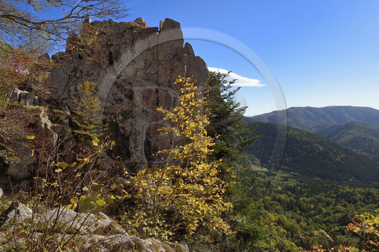 France, Haut-Rhin (68), Parc naturel régional des ballons des Vosges, Rimbach-près-Masevaux, le rocher du Corbeau sur le GR 531 vers le Lac des Perches