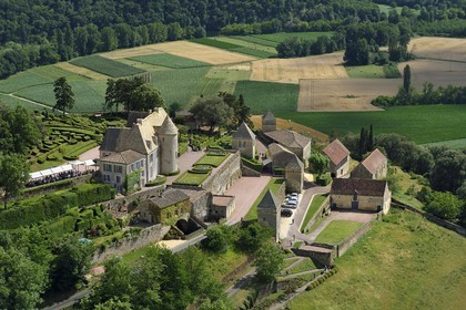 France, Dordogne, Perigord Noir, Dordogne Valley, Vezac, Les Jardins du château de Marqueyssac of the 18th century, park and castle (aerial view)