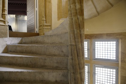 France, Rhone, Lyon, historical site listed as World Heritage by UNESCO, St. Paul neighborhood in the Vieux Lyon (Old Town), the Renaissance Hotel de Gadagne housing the Gadagne museums, the grand staircase