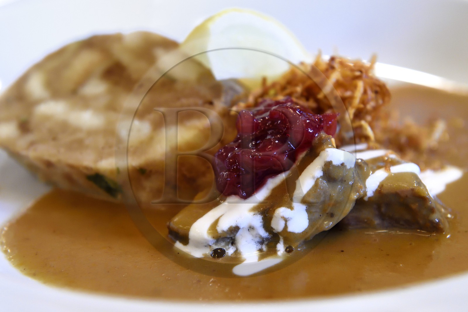 République Tchèque, Prague, centre historique classé Patrimoine Mondial de l'UNESCO, quartier Mala Strana, restaurant Malostranska Beseda, boeuf braisé dans une sauce crémeuse avec quenelles de pain (knedlik)