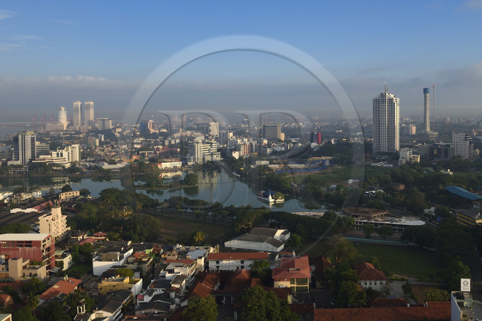 Sri Lanka, Western Province, Colombo District, Colombo, the city center with the Fort area on the background left and South Beira Lake in the foreground