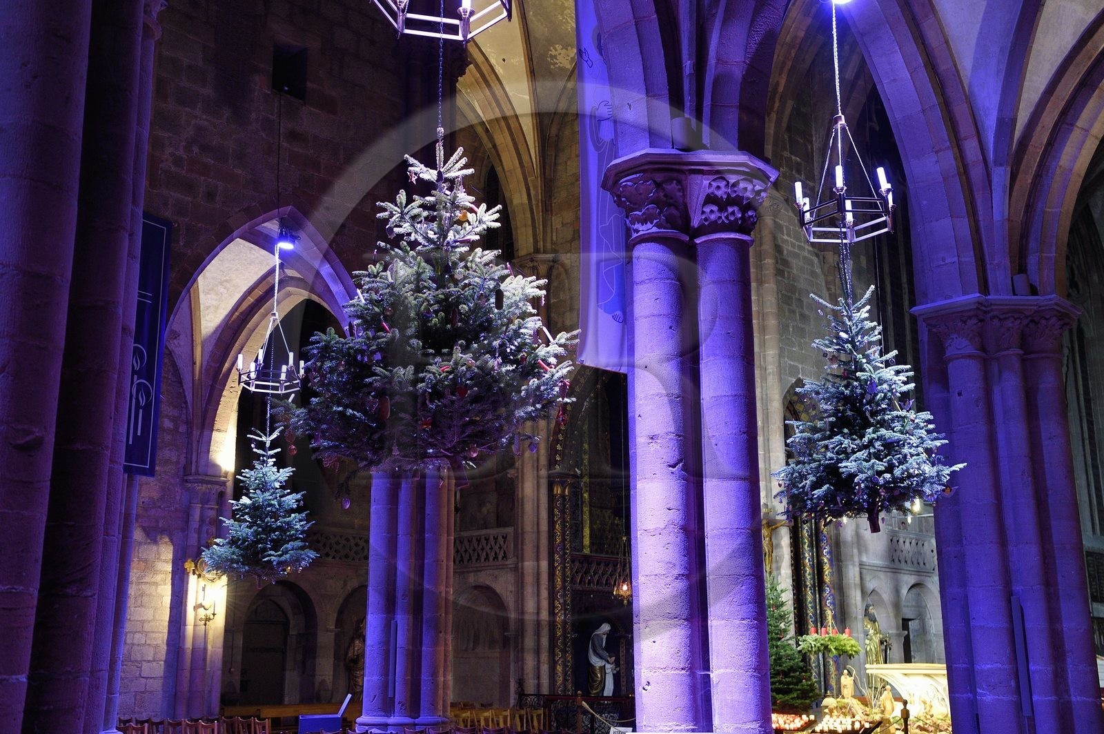 France, Bas-Rhin (67), Selestat, les sapins suspendus sous les arcs de la nef de l'église Saint-Georges sont décorés traditionnellement de pommes, bredele, boules en tenant compte d'une évolution dans le temps