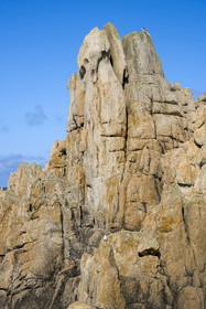 France, Finistère (29), Mer d'Iroise, Ile d'Ouessant, rochers façonnés par les tempêtes au pied du phare du Créac’h