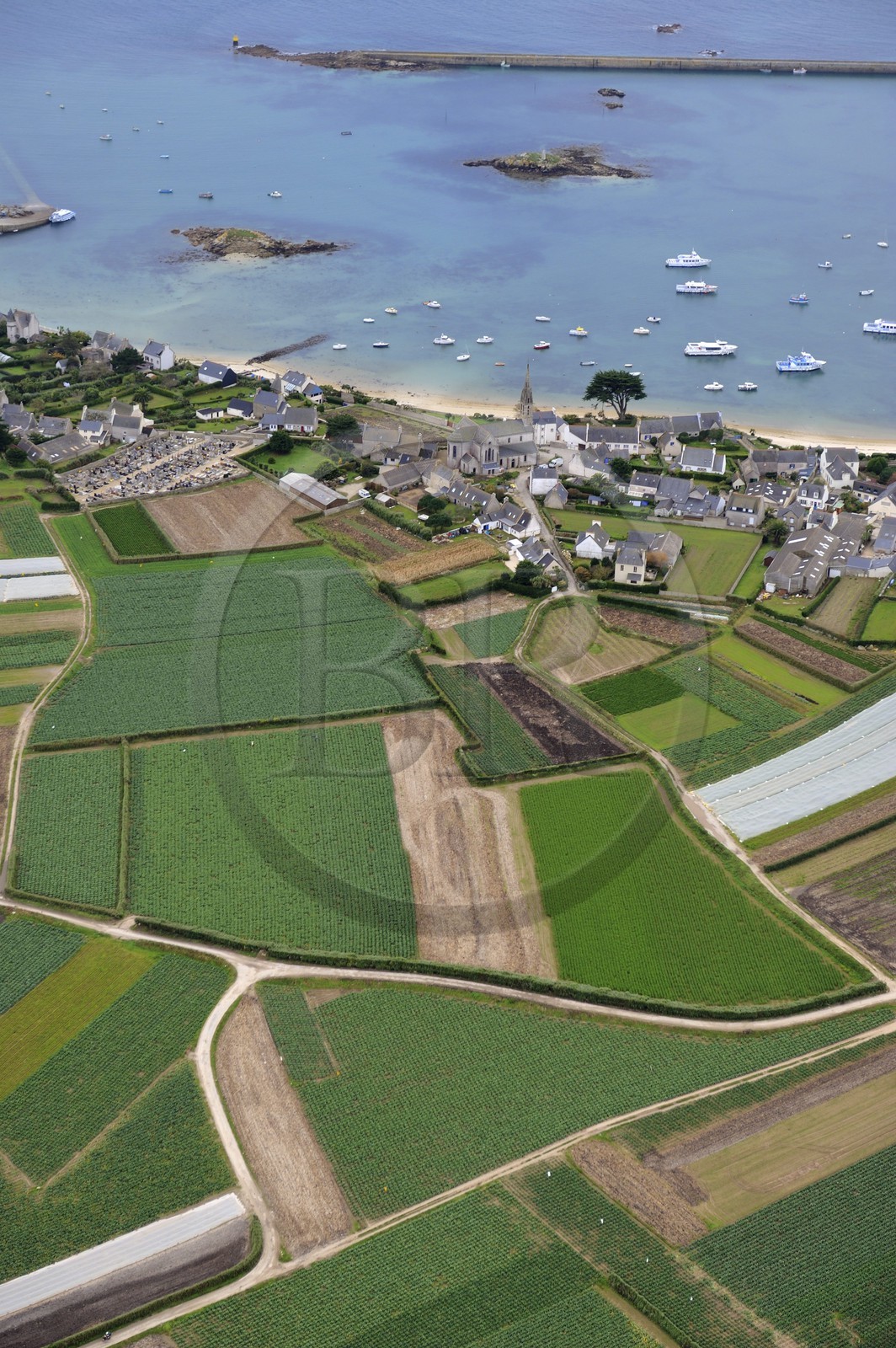 France, Finistere, Batz Island, Porz Kernok, the church and the cemetery (aerial view)