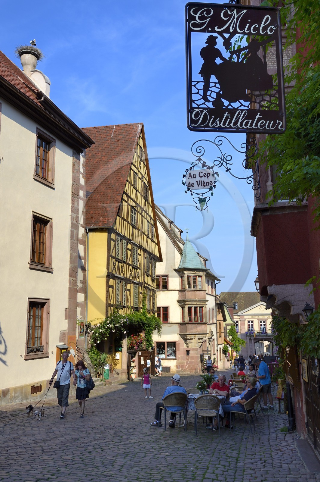 France, Haut-Rhin (68), Riquewihr, labellisé Les Plus Beaux Villages de France, la rue principale (rue du Général de Gaulle) et l'Hotel de Ville en arrière plan