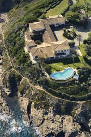 France, Var, the Golfe of Saint Tropez, Saint-Tropez, luxury villa at the pointe de la rabiou (aerial view)