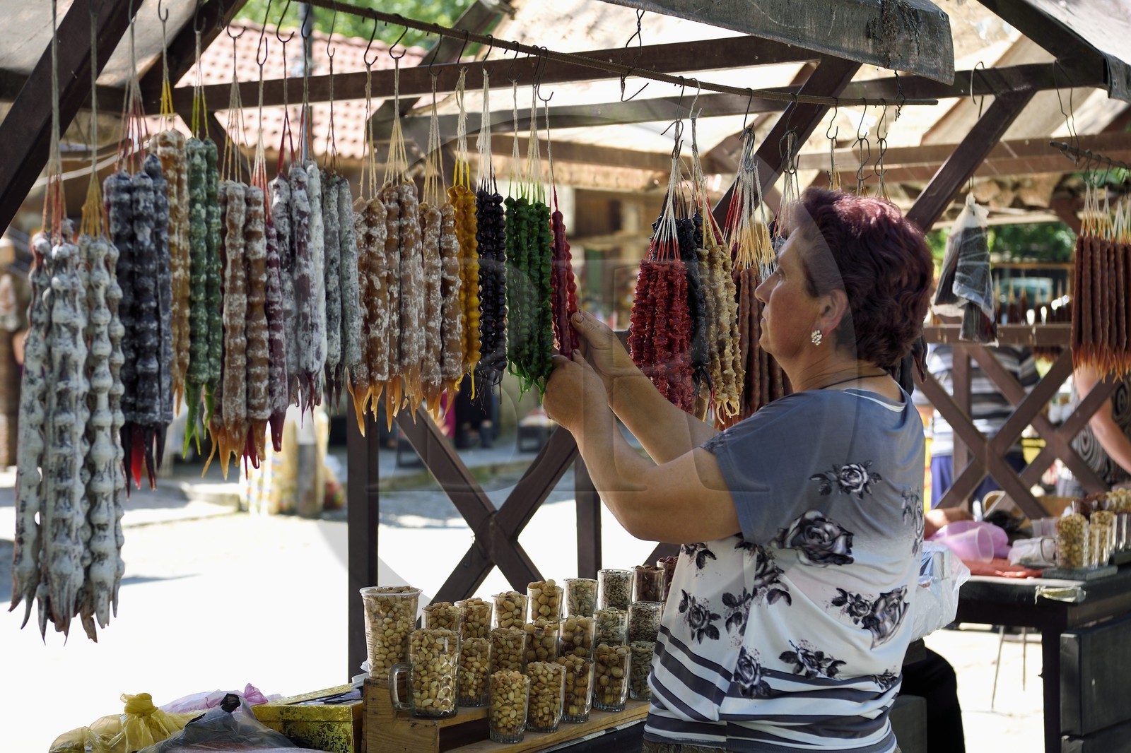 Georgia, Kakheti, street shop selling churchkhela, traditional georgian and anatolian candle-shaped candy