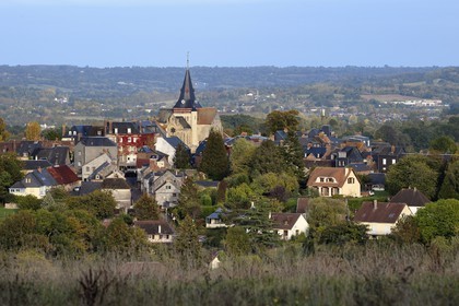 France, Calvados, Pays d'Auge, Beaumont en Auge and Saint Sauveur (St. Saviour) Church overlooking the village