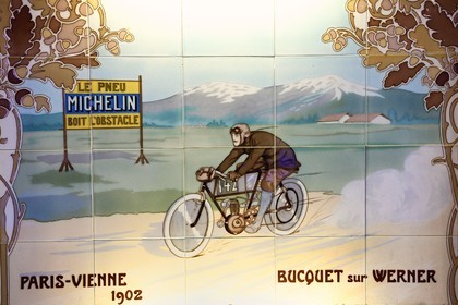 France, Puy de Dome, Clermont Ferrand, L'Aventure Michelin, museum retracing all the activities of the Michelin group, Paris-Vienne motorcycle race (1902), Bucquet on a Werner motorcycle