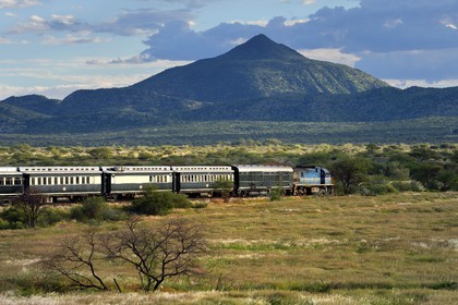 Namibie, région de Erongo, le train Shongololo express traversant le bush namibien