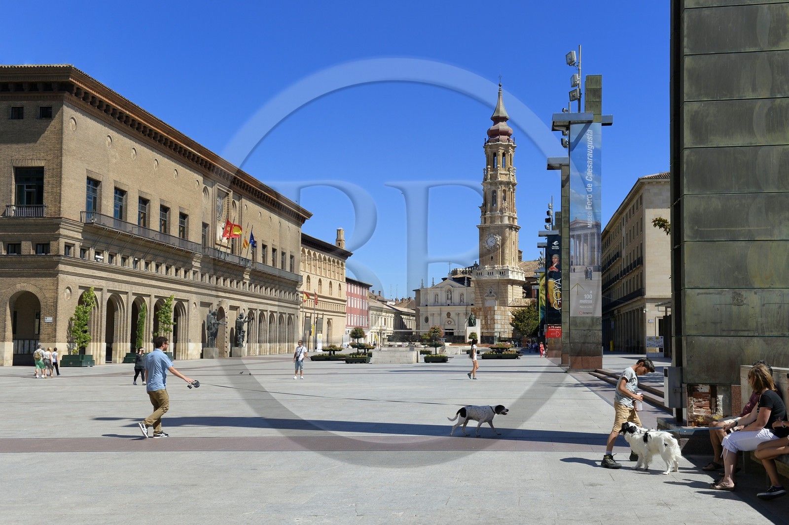 Espagne, Aragon, Saragosse, Plaza del Pilar, La Lonja sur la gauche et la cathédrale San Salvador, La Seo, en arrière plan