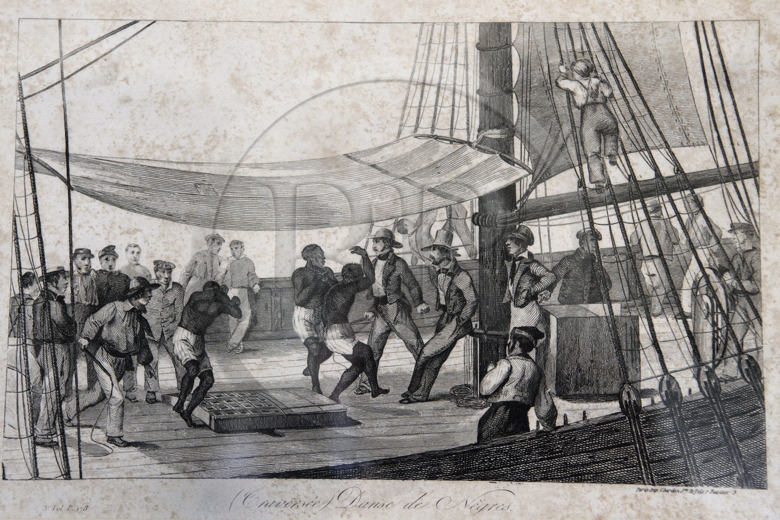 France, Ile de la Reunion, Saint-Gilles-les-Hauts, Musée de Villèle dans le domaine Panon-Desbassyns, ancienne propriété coloniale au cœur d'une grande plantation de canne à sucre qui faisait travailler un peu plus de 400 esclaves, gravure d'une scène sur un bateau négrier