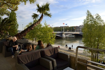 France, Rhone, Lyon, Rhone river banks, Cafe terrace on quai General Sarrail, Lafayette bridge