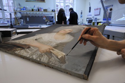 France, Yvelines, Chateau de Versailles, the castle restoration workshop, drawing and engraving workshop, portrait of Mrs Campan (reader of Queen Marie Antoinette) by J.Boze