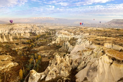 Turkey, Central Anatolia, Nevsehir Province, Cappadocia listed as World Heritage by UNESCO, near Uchisar, Love Valley, eroded landscape and fairy chimneys (aerial view)