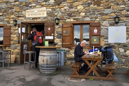 France, Pyrenees Atlantiques, Basque Country, Camino de Santiago (the Way of St. James) between Saint Jean Pied de Port and Roncesvalles, Pilgrims at the refuge Orisson