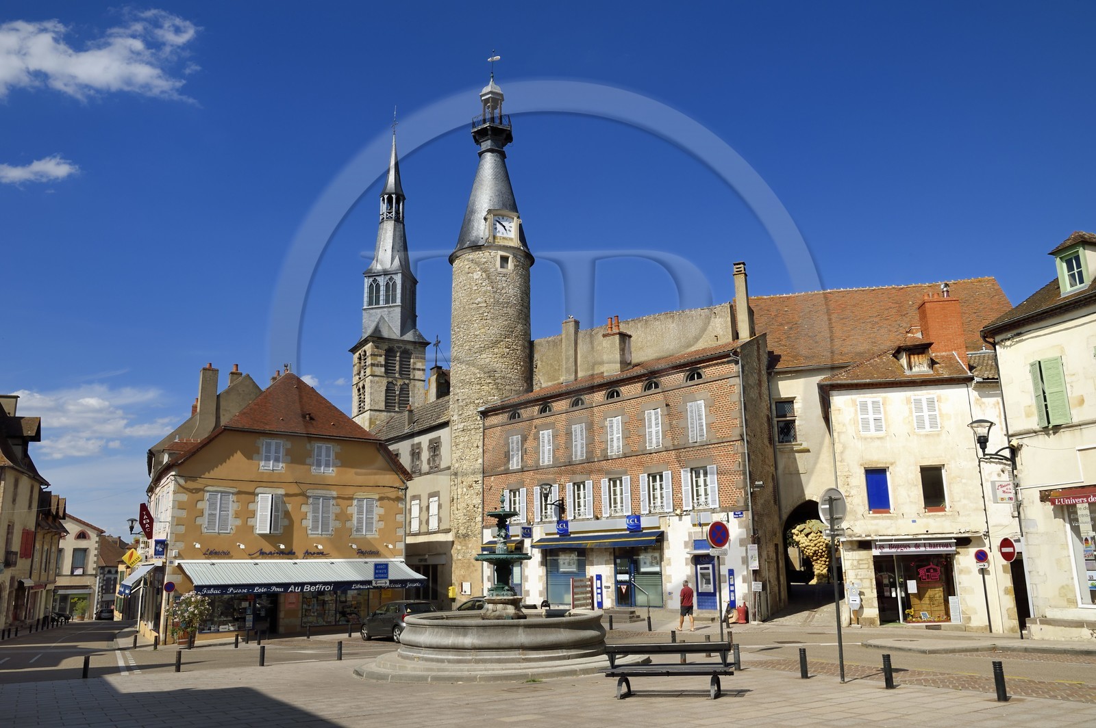 France, Allier (03), former province of Bourbonnais, Saint Pourçain sur Sioule, Place Foch, the belfry or clock tower and the bell tower of the Sainte-Croix church