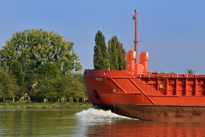 France, Seine-Maritime, Pays de Caux, Norman Seine River Meanders Regional Nature Park, the general cargo ship Merit going up the Seine at Mesnil sous Jumieges