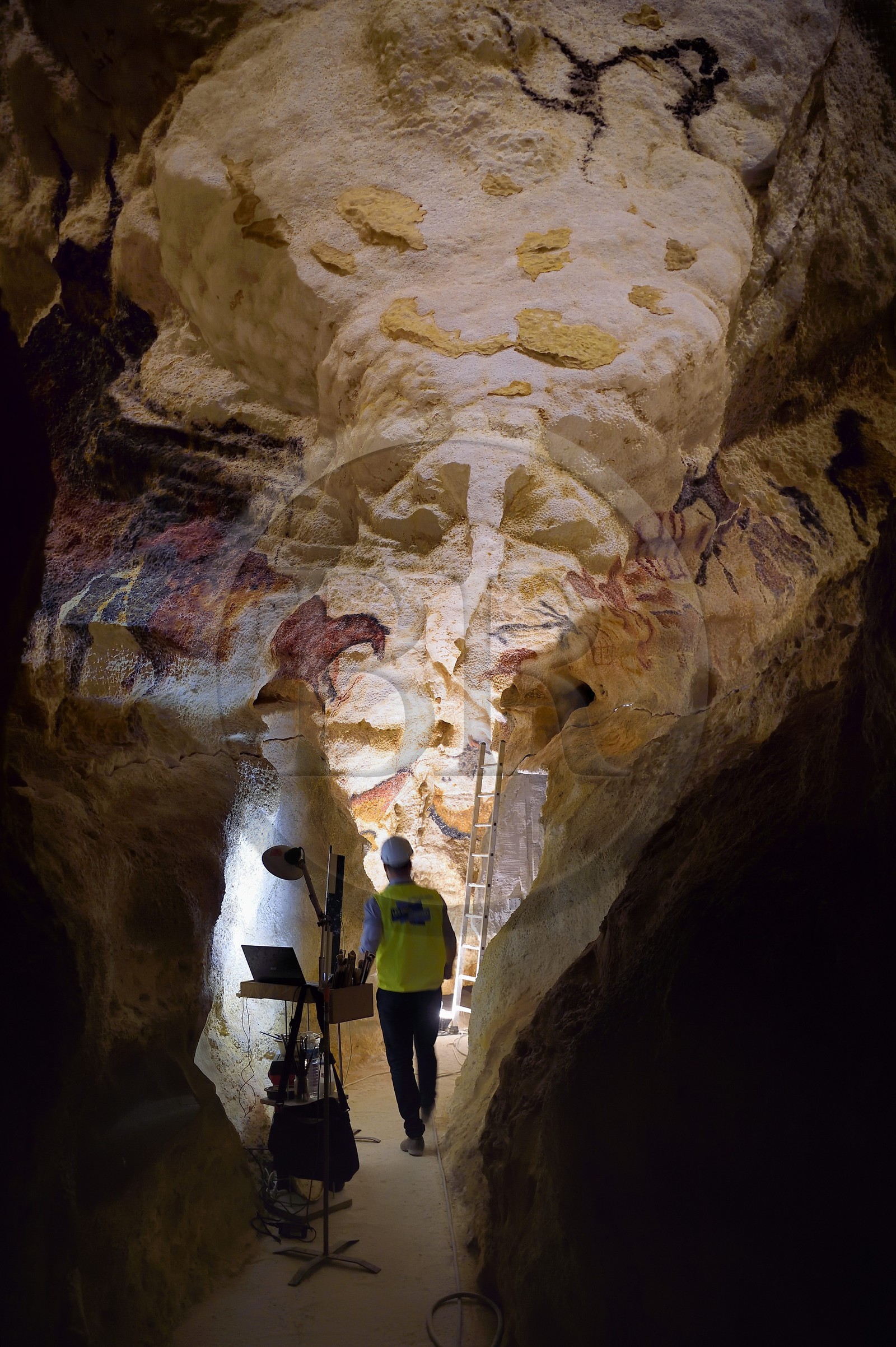France, Dordogne (24), Montignac, chantier du futur Centre International de l'Art pariétal de Montignac-Lascaux (Lascaux 4), le diverticule axial de la grotte reconstituée par l’Atelier des Fac-Similés du Périgord (AFSP), finitions des peintures murales de la partie inférieure