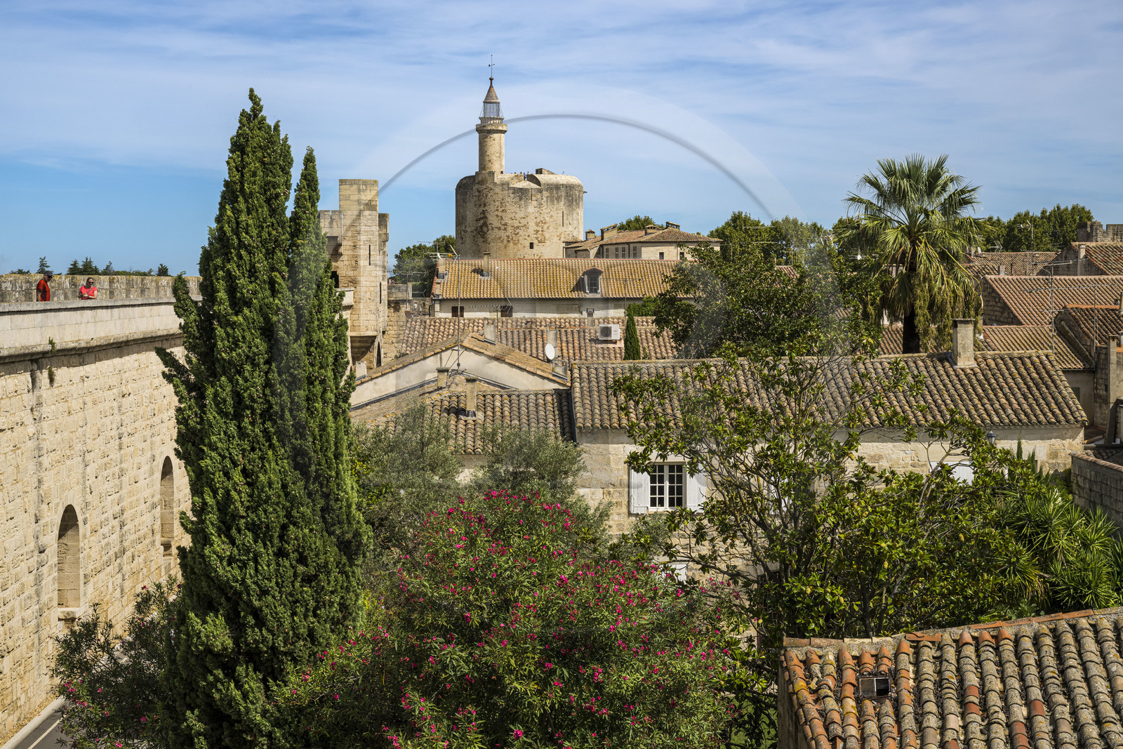 France, Gard (30), Aigues-Mortes, la Tour de Constance en bordure des remparts, maisons de la vieille ville au premier plan