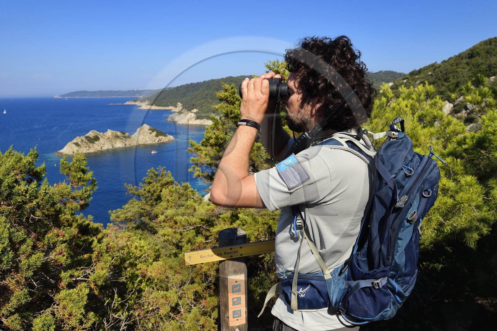 France, Var (83), Iles d'Hyères, Parc national de Port Cros, Ile de Port-Cros, plage de la Palud, Johann Cerisier, garde moniteur du parc national de Port-Cros en tournée de surveillance observe avec des jumelles le rocher du Rascas (en arrière plan)